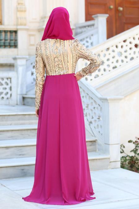 Evening Dresses - Fuchsia Hijab Dress 7567F - 3
