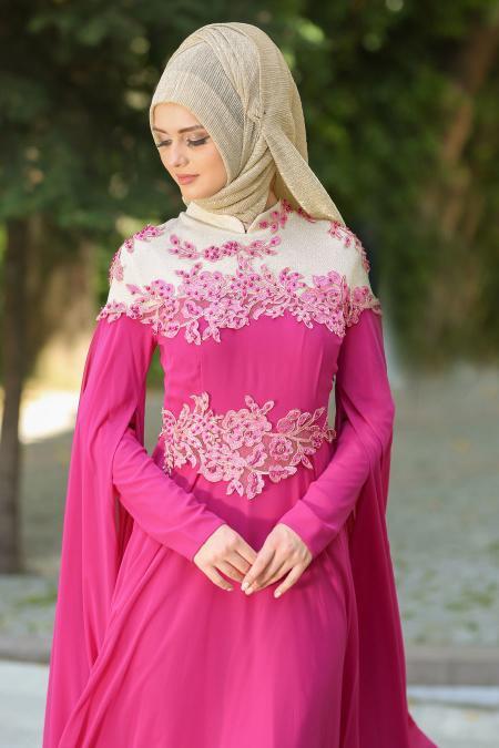 Evening Dresses - Fuchsia Hijab Dress 7621F - 2