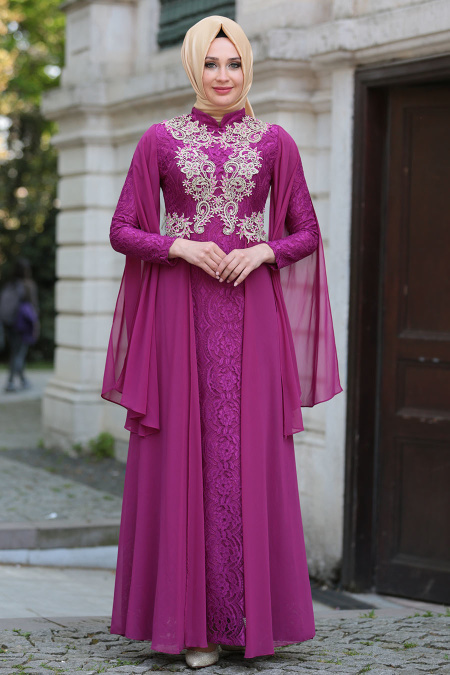 Evening Dresses - Fuchsia Hijab Dress 7623F