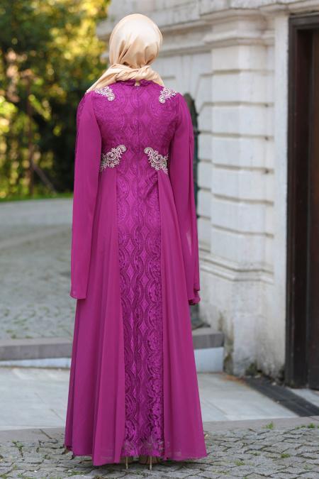 Evening Dresses - Fuchsia Hijab Dress 7623F - 2