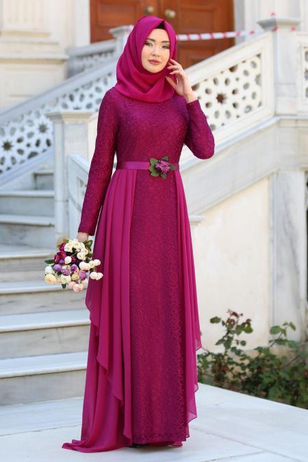 Evening Dresses - Fuchsia Hijab Dress 7624F - 1