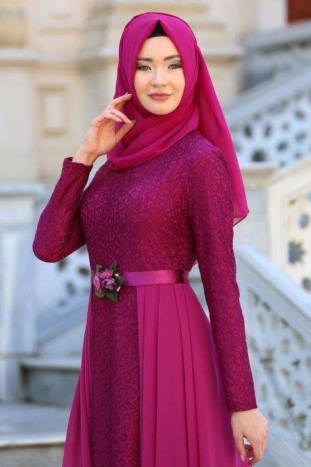 Evening Dresses - Fuchsia Hijab Dress 7624F - 2
