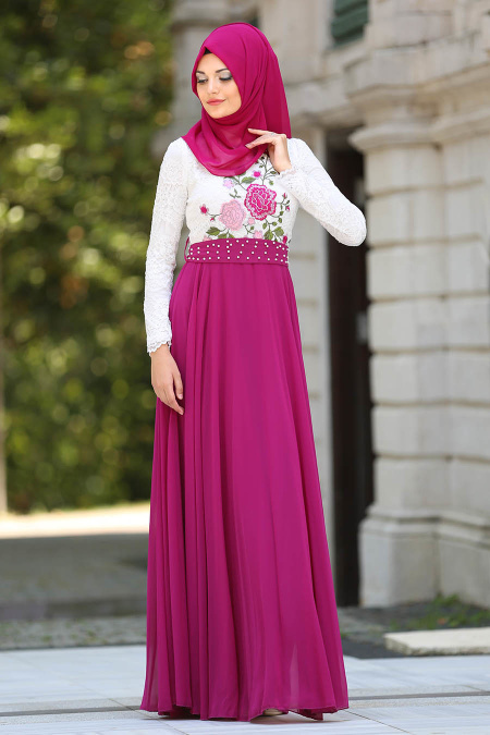 Evening Dresses - Fuchsia Hijab Dress 7628F