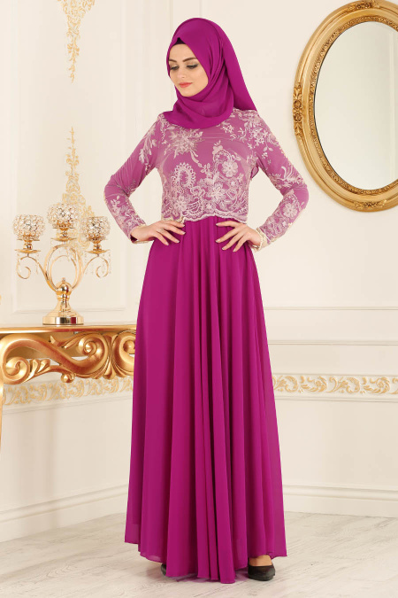 Evening Dresses - Fuchsia Hijab Dress 76462F