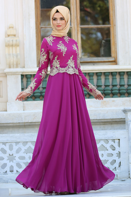 Evening Dresses - Fuchsia Hijab Dress 76465F