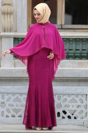 Evening Dresses - Fuchsia Hijab Dress 7658F - 1