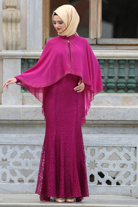Evening Dresses - Fuchsia Hijab Dress 7658F