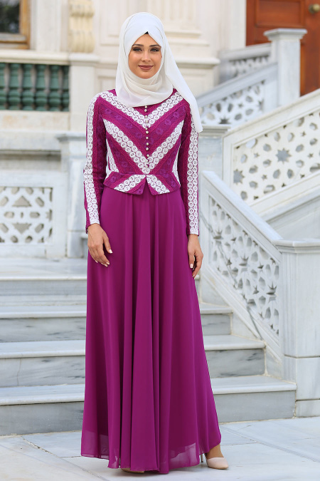 Evening Dresses - Fuchsia Hijab Dress 7709F