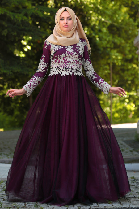Evening Dresses - Fuchsia Hijab Dress 7714F