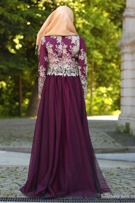 Evening Dresses - Fuchsia Hijab Dress 7714F - 2