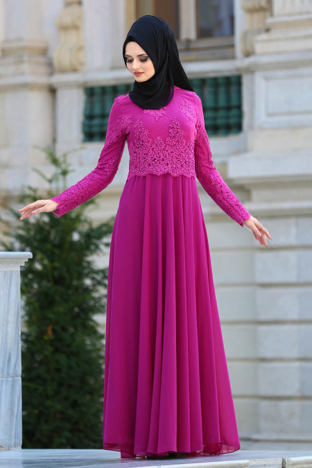 Evening Dresses - Fuchsia Hijab Dress 7783F