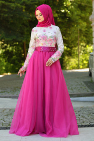 Evening Dresses - Fuchsia Hijab Evening Dress 7515F - Thumbnail