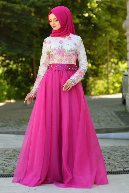 Evening Dresses - Fuchsia Hijab Evening Dress 7515F