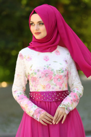 Evening Dresses - Fuchsia Hijab Evening Dress 7515F - Thumbnail