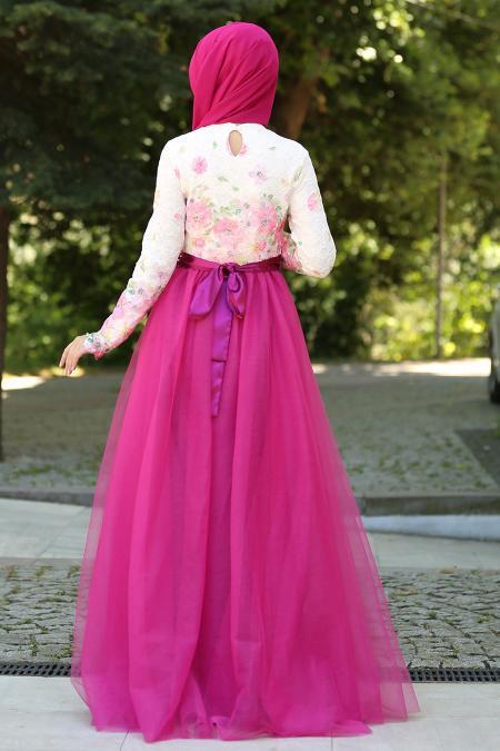 Evening Dresses - Fuchsia Hijab Evening Dress 7515F - 3