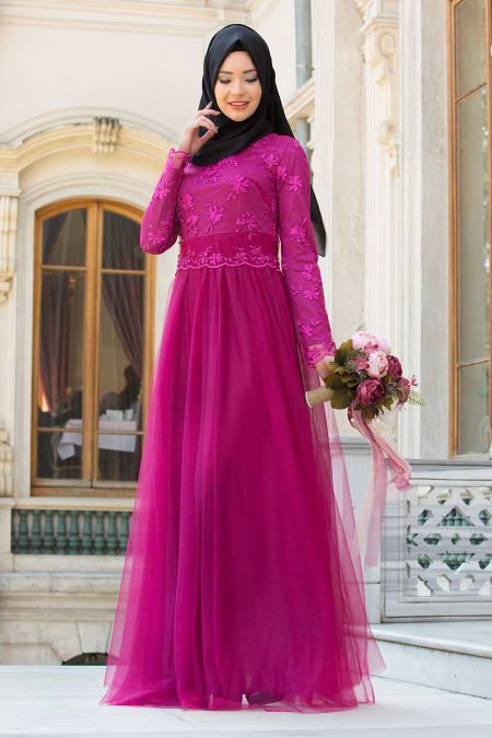 Evening Dresses - Fuchsia Hijab Evening Dress 7523F