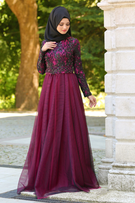 Evening Dresses - Fuchsia Hijab Evening Dress 75450F
