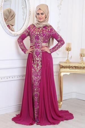 Evening Dresses - Fuchsia Hijab Evening Dress 7611F - 1