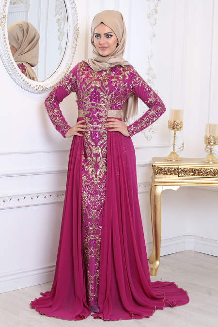 Evening Dresses - Fuchsia Hijab Evening Dress 7611F