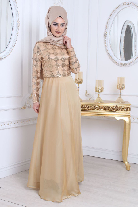 Evening Dresses - Gold Hijab Dress 79440GOLD