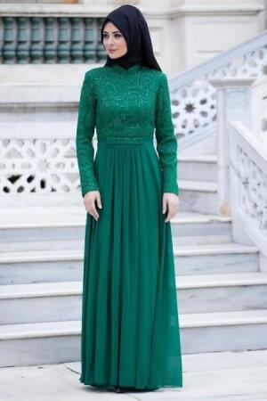 Evening Dresses - Green Color Hijab Dress 2210Y - 1