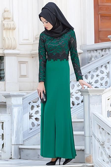 Evening Dresses - Green Hijab Dress 2132Y - 2