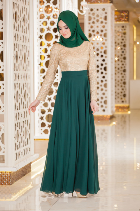Evening Dresses - Green Hijab Dress 2189Y