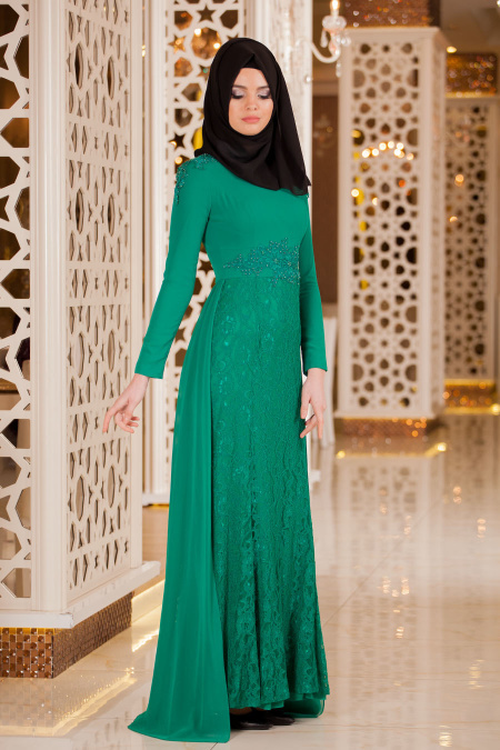 Evening Dresses - Green Hijab Dress 2222Y