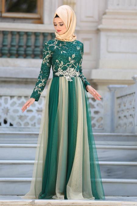 Evening Dresses - Green Hijab Dress 2764Y - 2