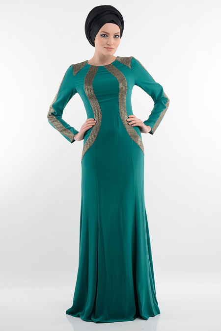 Evening Dresses - Green Hijab Dress 3885Y