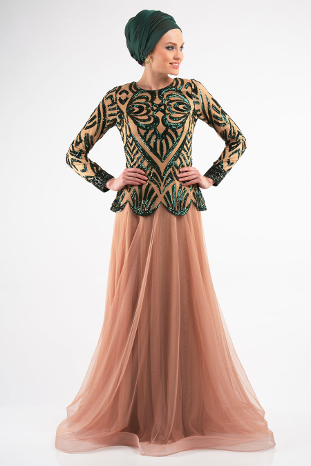 Evening Dresses - Green Hijab Dress 4039Y