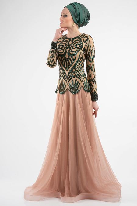 Evening Dresses - Green Hijab Dress 4039Y - 2