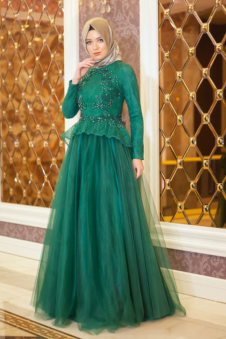 Evening Dresses - Green Hijab Dress 4042Y