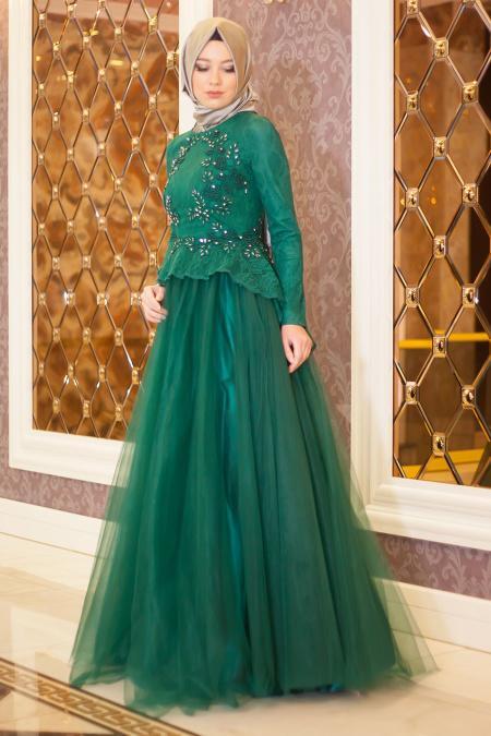 Evening Dresses - Green Hijab Dress 4042Y - 2