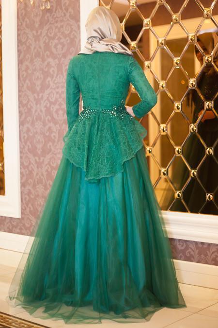 Evening Dresses - Green Hijab Dress 4042Y - 3