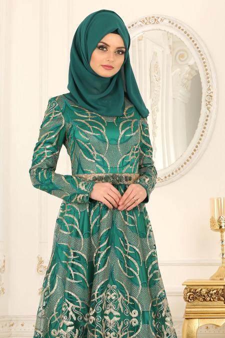 Evening Dresses - Green Hijab Dress 4304Y - 2