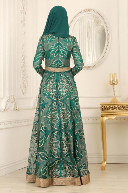 Evening Dresses - Green Hijab Dress 4304Y - 3
