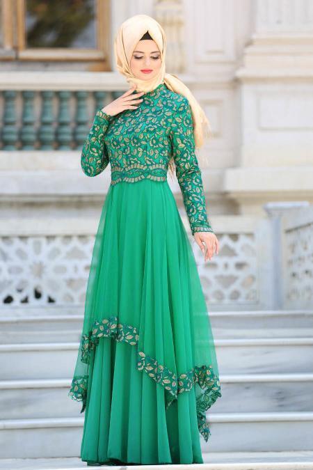Evening Dresses - Green Hijab Dress 6375Y - 2