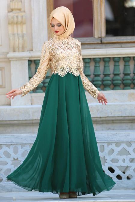 Evening Dresses - Green Hijab Dress 6379Y - 1