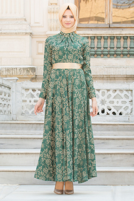 Evening Dresses - Green Hijab Dress 7372Y