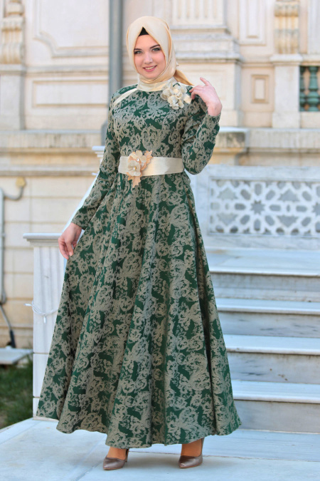 Evening Dresses - Green Hijab Dress 7374Y