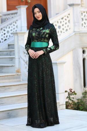 Evening Dresses - Green Hijab Dress 7487Y - 1