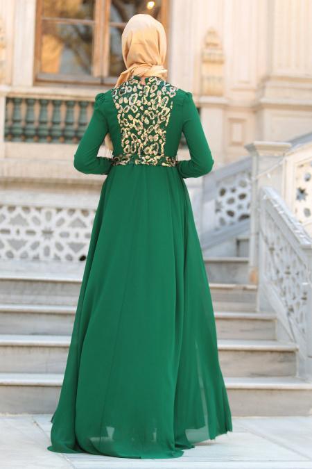 Evening Dresses - Green Hijab Dress 7592Y - 3