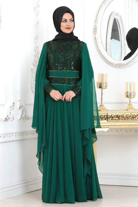Evening Dresses - Green Hijab Evening Dress 7528Y