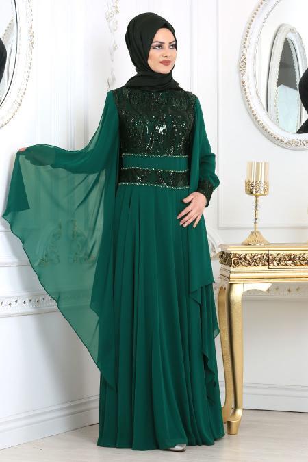 Evening Dresses - Green Hijab Evening Dress 7528Y - 2