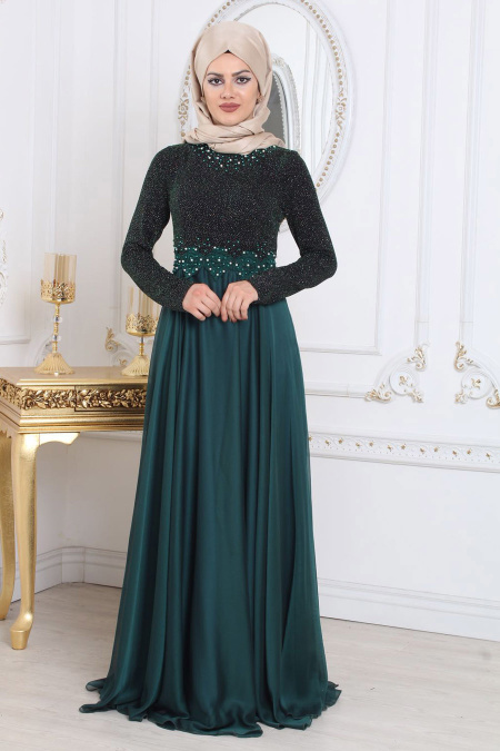 Evening Dresses - Green Hijab Evening Dress 7950Y