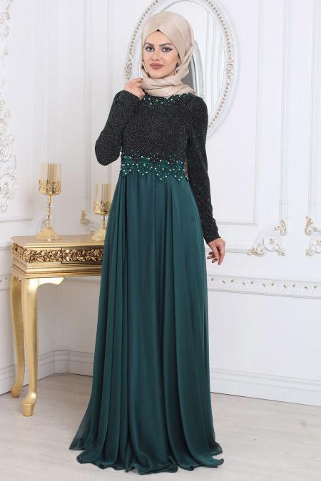 Evening Dresses - Green Hijab Evening Dress 7950Y - 2