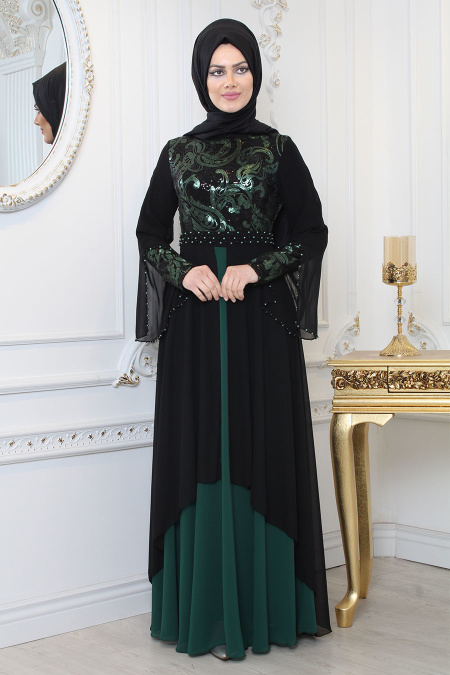 Evening Dresses - Green Hijab Evening Dress 7959Y