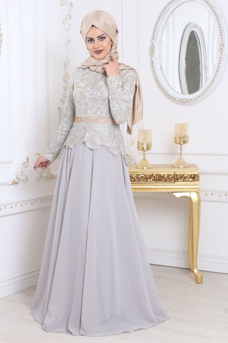 Evening Dresses - Grey Hijab Dress 79420GR