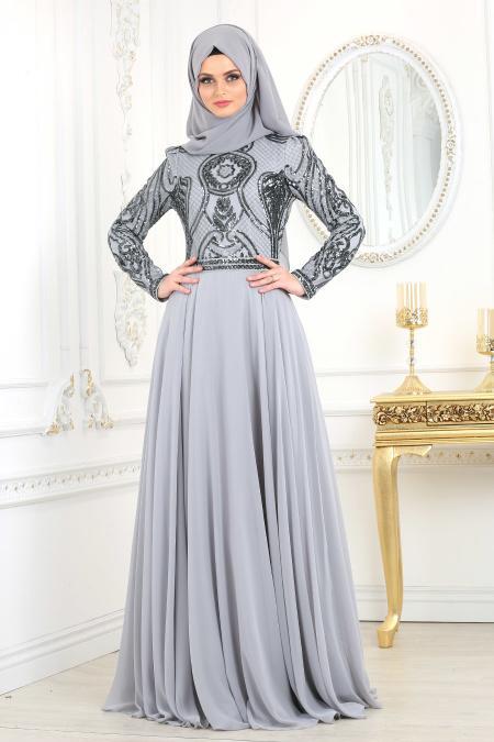 Evening Dresses - Grey Hijab Evening Dress 2282GR - 2